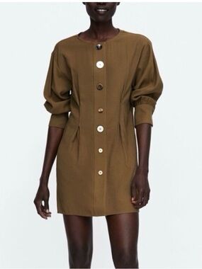 ZARA Khaki Pleated Dress with Buttons Size M‎ Green Long Sleeve Tunic Length NWT